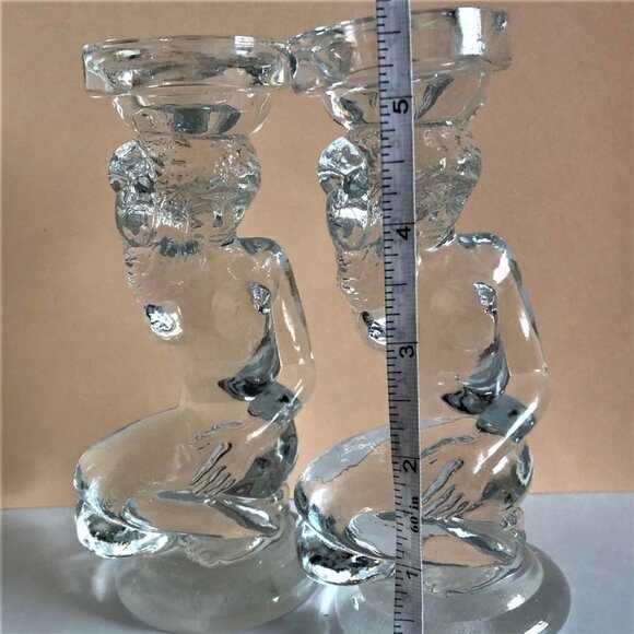 set of 2 clear art glass vintage risque candle holders two nude ladies - Picture 14 of 16